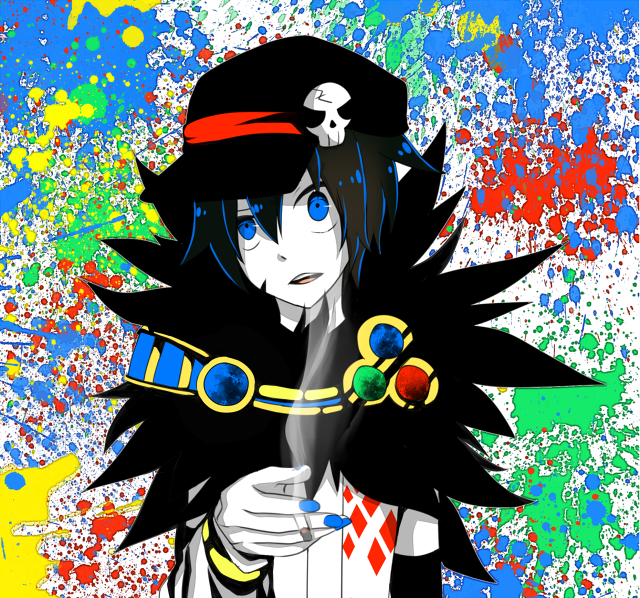 1boy argyle_clothes argyle_shirt black_hair black_hat blue_eyes blue_nails cigarette commentary_request fingernails fur_collar hair_between_eyes hat hat_ornament high_contrast holding holding_cigarette looking_at_viewer male_focus meiko_(nattu303) newsboy_cap open_mouth paint_splatter ragnarok_online shirt short_hair skull_hat_ornament solo sorcerer_(ragnarok_online) upper_body white_shirt
