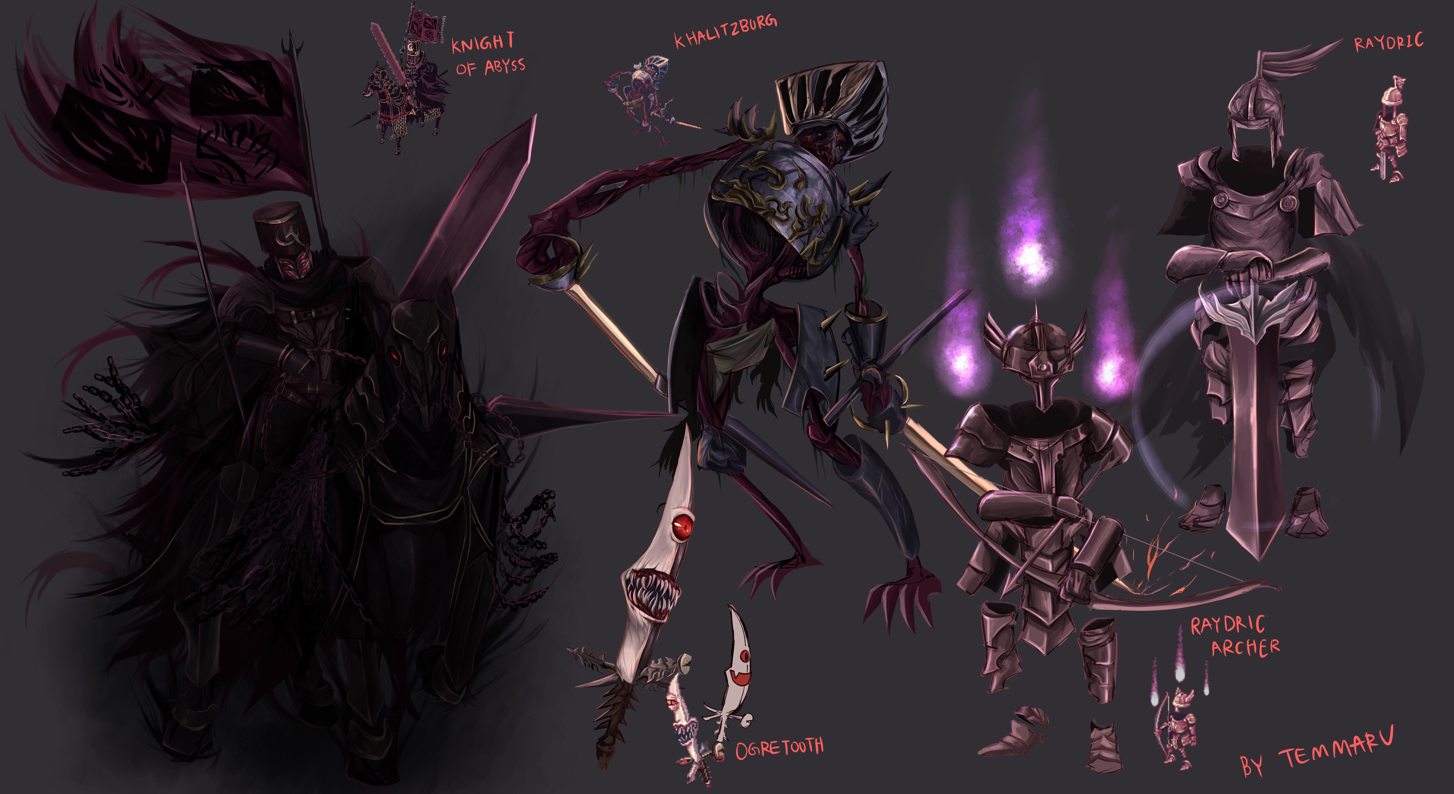 1boy 1girl absurdres abysmal_knight armor aura black_armor black_cape bow_(weapon) breastplate cape chain commentary dark_aura english_commentary fire flag full_body highres hitodama holding holding_bow_(weapon) holding_polearm holding_sword holding_weapon horse horseback_riding khalitzburg_(ragnarok_online) knight lance living_armor living_weapon monster ogretooth open_mouth polearm purple_fire ragnarok_online raydric raydric_archer reference_inset riding skeleton sword teeth temmaru undead weapon
