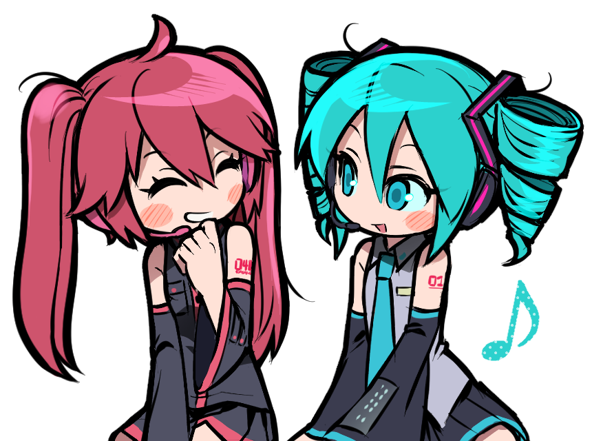 2girls alternate_hairstyle aqua_eyes aqua_hair aqua_necktie black_shirt black_skirt black_sleeves closed_eyes collared_shirt detached_sleeves drill_hair grey_shirt hair_between_eyes hair_ornament hairstyle_switch hatsune_miku headphones headset jjjjtaaaku kasane_teto long_hair multiple_girls necktie open_mouth pleated_skirt red_hair shirt simple_background skirt twin_drills twintails utau vocaloid white_background