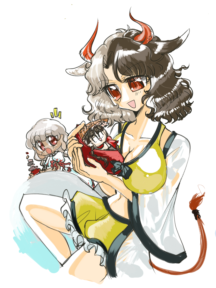 3girls :o animal_ears black_hair breasts cleavage closed_eyes commentary_request cow_ears cow_girl cow_horns cow_tail crop_top ebisu_eika feet_out_of_frame frilled_shorts frills grey_hair haori horns japanese_clothes large_breasts long_earlobes long_hair looking_at_another medium_hair mini_person minigirl multicolored_hair multiple_girls notice_lines open_mouth red_eyes red_horns shippuu_jinnari shirt shorts simple_background sleeveless sleeveless_shirt smile split-color_hair tail touhou two-tone_hair ushizaki_urumi white_background yatadera_narumi yellow_shirt yellow_shorts