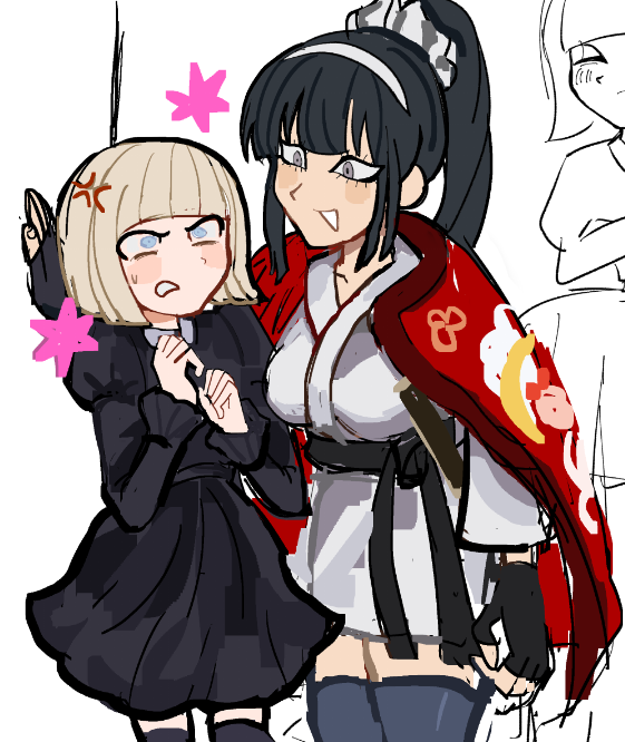 2girls belt black_belt black_dress black_gloves black_hair blonde_hair blue_eyes blush bob_cut collarbone dress female_focus fingerless_gloves gloves grey_eyes grin hands_up holy_jumonji_sword japanese_clothes kabedon long_hair magadori_kyoshika multiple_girls oosuzuki_kurara open_mouth ponytail simple_background smile the_hundred_line_-last_defense_academy- thighhighs white_background yuri