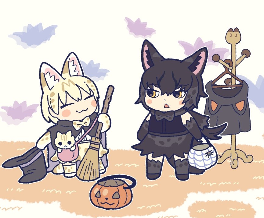 2girls animal_ears bag black_hair black_serval_(kemono_friends) bow bowtie broom cat_ears cat_girl cat_tail cloak elbow_gloves extra_ears gloves grey_hair halloween hat kemono_friends kuro_shiro_(kuro96siro46) multiple_girls pumpkin shirt short_hair simple_background skirt sleeveless sleeveless_shirt tail thighhighs white_serval_(kemono_friends) yellow_eyes