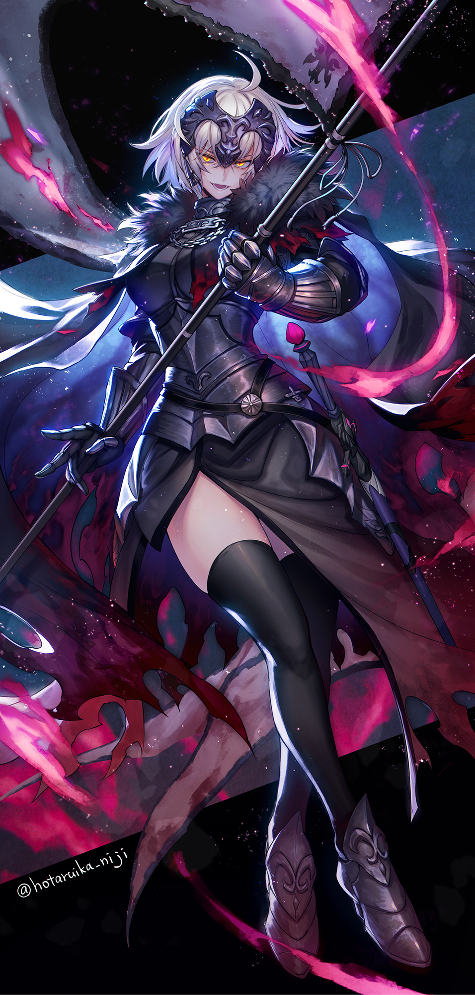 1girl ahoge armor armored_dress black_armor black_cape black_dress black_thighhighs breastplate cape chain commentary_request dress fate/grand_order fate_(series) fire flag fur-trimmed_cape fur_trim gauntlets hair_between_eyes headpiece highres holding holding_flag holding_polearm holding_weapon hotaruika_niji jeanne_d&#039;arc_alter_(avenger)_(fate) jeanne_d&#039;arc_alter_(avenger)_(first_ascension)_(fate) jeanne_d&#039;arc_alter_(fate) looking_at_viewer open_mouth pink_fire plackart polearm side_slit solo standard_bearer sword teeth thighhighs torn_cape torn_clothes twitter_username weapon white_flag white_hair yellow_eyes