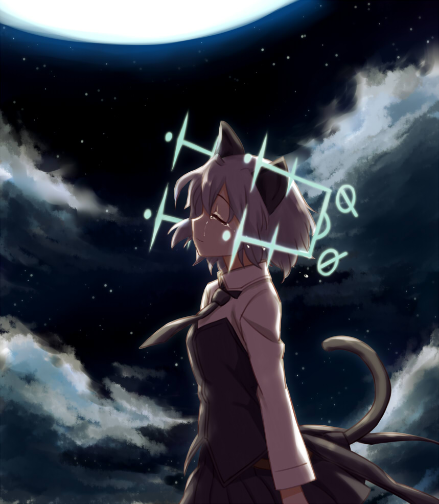 1girl animal_ears closed_eyes female_focus grey_hair hirschgeweih_antennas moon necktie night night_sky sanya_v._litvyak shikou_sakugo_(qqap9gt9k) shikousakugo skirt sky smile solo strike_witches tail tears world_witches_series