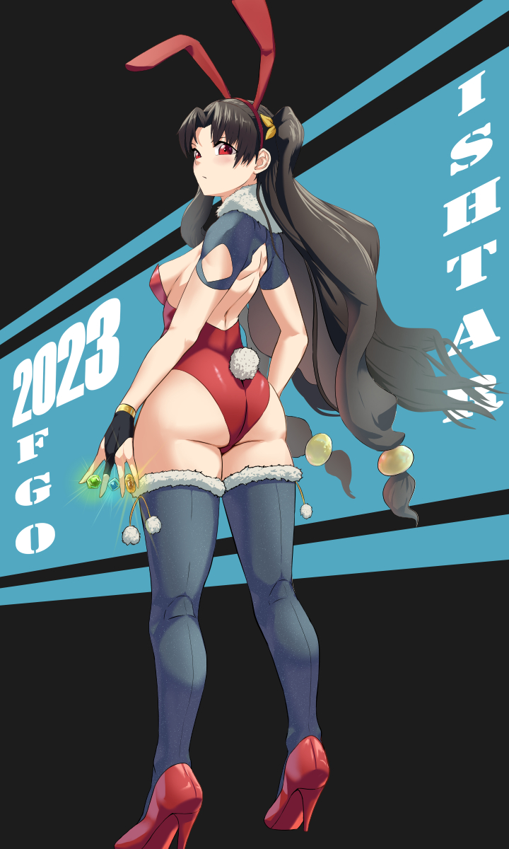 1girl 2023 animal_ears ass back black_gloves black_hair black_thighhighs blush bracelet breasts character_name chinese_zodiac curvy fake_animal_ears fate/grand_order fate_(series) fingerless_gloves floating_hair from_behind fur-trimmed_thighhighs fur_trim gems gloves high_heels highleg highleg_leotard highres huge_ass ishtar_(fate) jewelry leotard long_hair looking_at_viewer looking_back medium_breasts parted_bangs playboy_bunny rabbit_ears red_eyes red_footwear shoulder_blades sideboob thick_thighs thighhighs thighs thong thong_leotard tohsaka_rin twintails very_long_hair wide_hips xauching year_of_the_rabbit