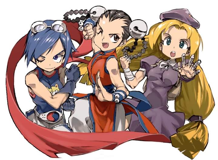 3girls bandages bell beret black_hair blonde_hair blue_hair fang fatal_fury hair_bell hair_ornament hat li_xiangfei long_hair may_lee multiple_girls shijou_hinako short_hair sleeveless snk the_king_of_fighters ysk!
