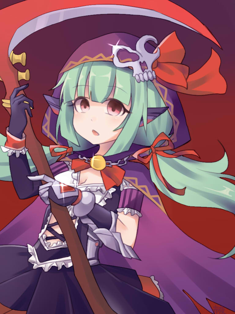 1girl battle_girl_high_school black_dress c520gpss cloak dress eyelashes gloves green_hair holding holding_scythe hood hood_up hooded_cloak long_hair looking_at_viewer open_mouth purple_cloak red_background red_eyes red_ribbon ribbon sadone scythe solo twintails