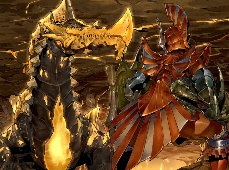 1girl agnaktor agnaktor_(armor) armor blue_eyes capcom female_focus from_behind lance lava male_focus monster monster_hunter_(series) monster_hunter_3 monster_hunter_portable_3rd orushibu polearm shield solo weapon