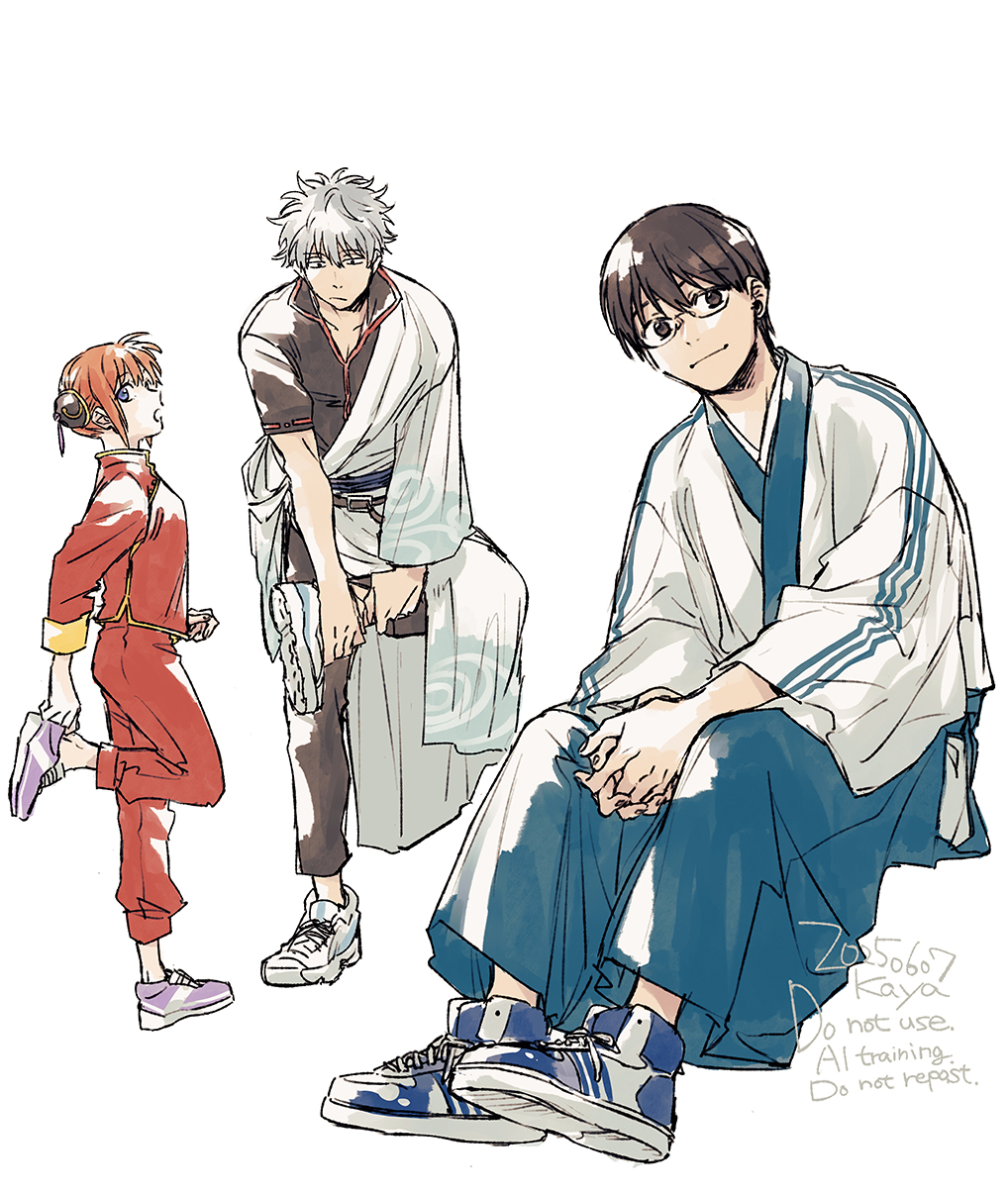 1girl 2boys brown_hair chinese_clothes closed_mouth english_text full_body gintama glasses grey_hair highres kagura_(gintama) looking_at_viewer multiple_boys open_mouth orange_hair sakata_gintoki shimura_shinpachi short_hair sitting smile wakaya_hana