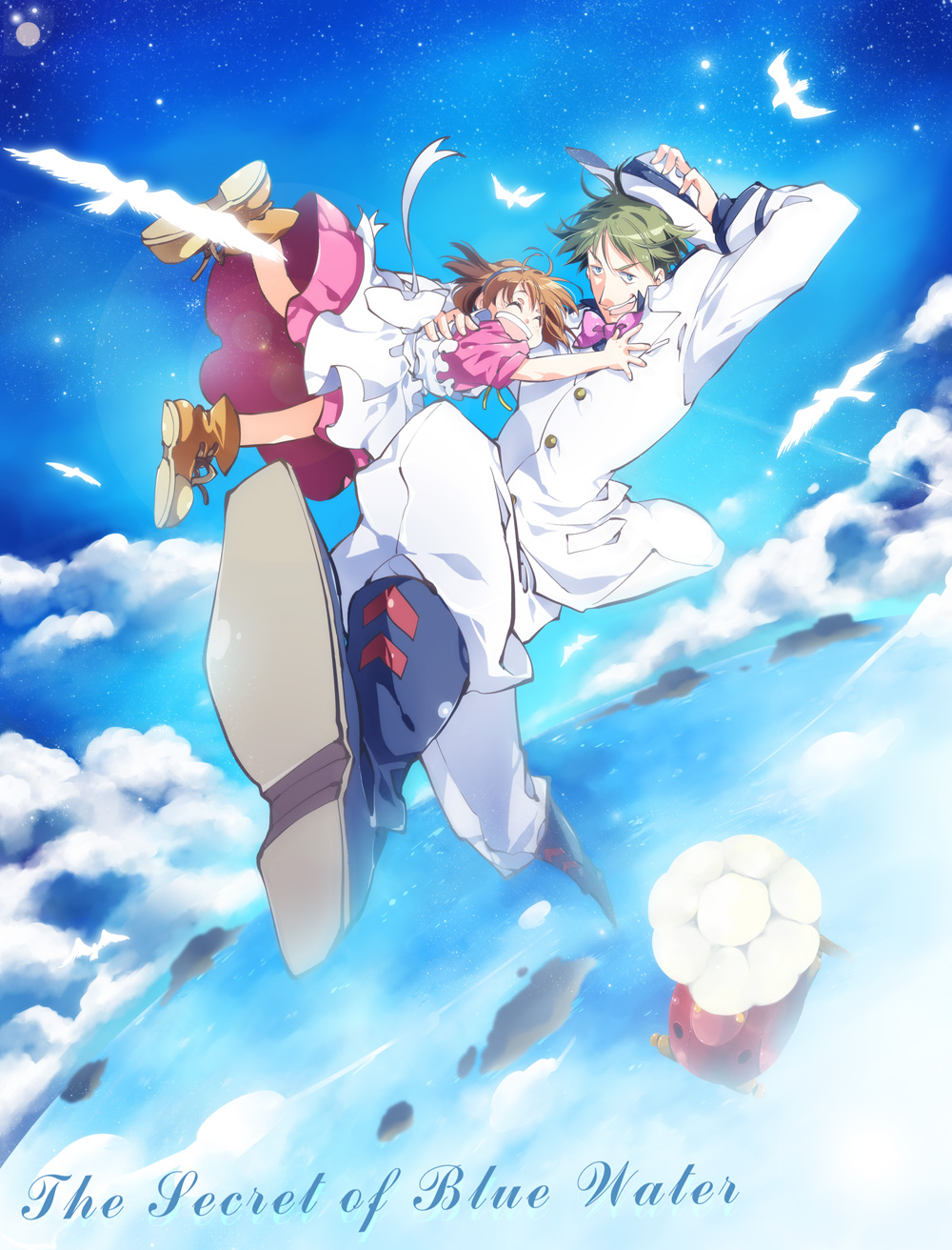 1990s_(style) 1boy 1girl bird blue_eyes bow bowtie brown_hair closed_eyes formal_clothes freckles fujiwara_rika fushigi_no_umi_no_nadia green_hair hanei happy hat highres jumping marie_en_carlsberg ocean retro_artstyle sanson_(nadia) short_hair sky smile suit traditional_bowtie