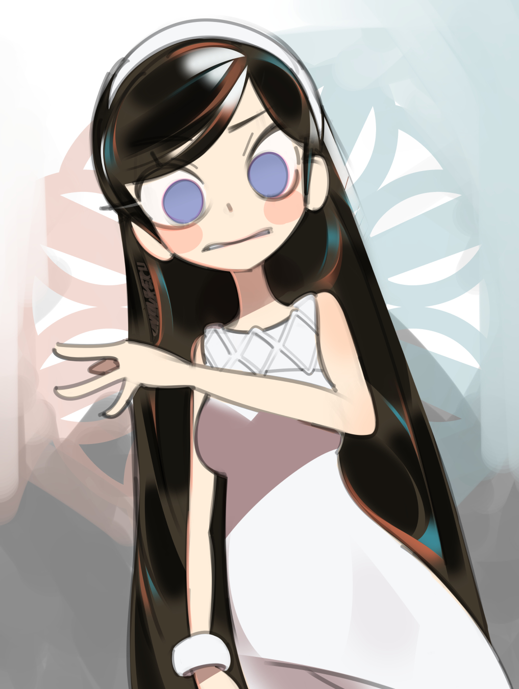blue_eyes bracelet breasts brown_hair dress hair_behind_ear hairband highres jewelry kumashiro_maya long_hair looking_down medium_breasts no_pupils onionsketch open_hand parted_lips seikimatsu_occult_gakuin sleeveless sleeveless_dress solo surprised very_long_hair white_dress white_hairband