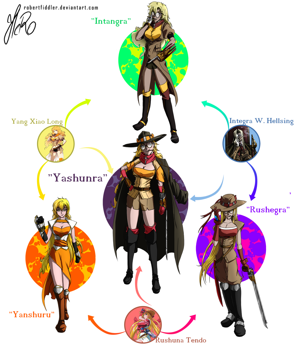ahoge ammunition asymmetrical_legwear belt black_gloves black_shorts blazer blonde_hair blouse blue_eyes boots breasts brown_footwear brown_jacket buckle cigar cleavage crossover earrings ember_celica_(rwby) fingerless_gauntlets fingerless_gloves fusion gauntlets glasses gloves grenadier_(manga) gun hair_between_eyes handgun hat hellsing hexafusion high_heel_boots high_heels highres integra_hellsing jacket jewelry knee_boots kneehighs large_breasts long_hair looking_at_viewer meme midriff multiple_crossover multiple_girls neck_ribbon oekaki orange_scarf over-kneehighs plaid_clothes plaid_skirt puffy_short_sleeves puffy_sleeves purple_eyes revolver ribbon robertfiddler rwby scarf school_uniform shirt short_sleeves shorts shotgun shotgun_shell skirt smile smoking socks strapless tendou_rushuna thighhighs transparent_background tube_top uneven_legwear vambraces very_long_hair waist_cape wavy_hair weapon white_shirt wrist_gun yang_xiao_long yellow_eyes yellow_shirt