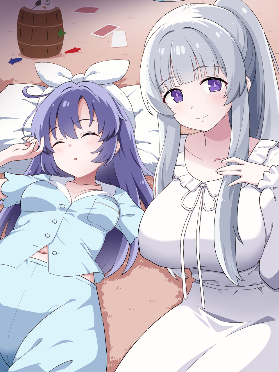 2girls blue_archive blue_pajamas blunt_bangs blush bow breasts bright_pupils closed_eyes closed_mouth commentary_request cowboy_shot grey_hair hair_between_eyes hair_bow hand_up highres indoors large_breasts long_hair looking_at_viewer lying medium_breasts multiple_girls navel noa_(blue_archive) noa_(pajamas)_(blue_archive) official_alternate_costume official_alternate_hairstyle on_back open_mouth pajamas ponytail purple_eyes sidelocks sitting sleeping smile split_mouth tareme white_bow white_pajamas yuuka_(blue_archive) yuuka_(pajamas)_(blue_archive) yuuma_(skirthike)