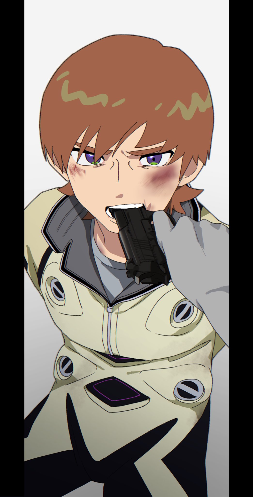 1boy 1other arms_behind_back black_border border brown_hair bruise bruise_on_face glaring gun_in_mouth gundam gundam_gquuuuuux highres injury looking_at_viewer male_focus mecha_pilot_suit purple_eyes short_hair simple_background solo_focus uiuxop white_background xavier_olivette