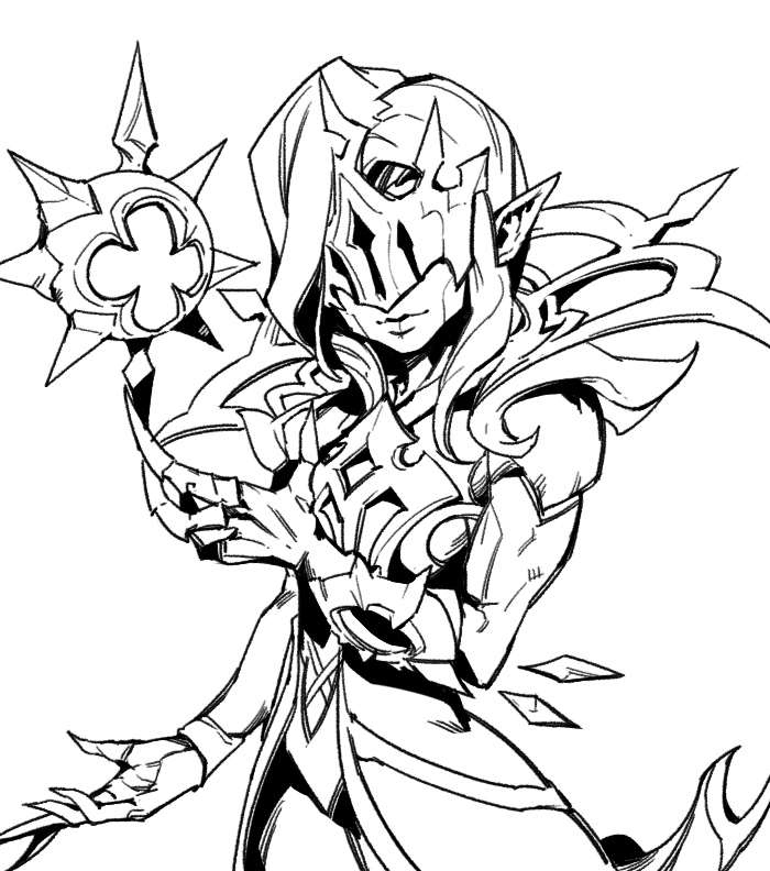 1boy armor character_request claws closed_mouth cowboy_shot facing_viewer greyscale league_of_legends long_hair mask monochrome muscular muscular_male phantom_ix_row pointy_ears solo vladimir_(league_of_legends)