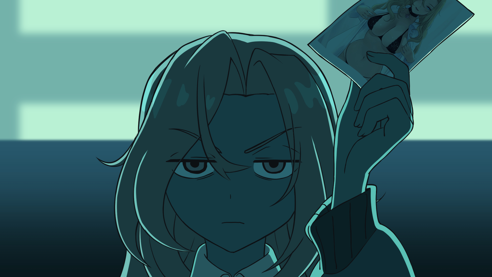 1girl angry blonde_hair bomber_jacket book close-up closed_mouth collared_shirt frown grey_eyes highres holding holding_book hornet_(kancolle) indoors jacket jitome kantai_collection long_hair long_sleeves looking_at_viewer odachu shirt solo unamused upper_body v-shaped_eyebrows white_shirt