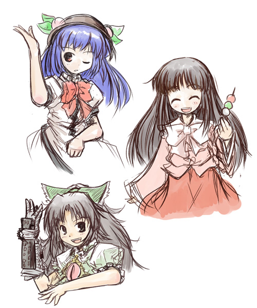 3girls black_hair blush dango closed_eyes female_focus food hinanawi_tenshi houraisan_kaguya kanoe_soushi long_hair multiple_girls one_eye_closed open_mouth power_glove purple_hair reiuji_utsuho sanshoku_dango sketch skewer touhou wagashi white_background wink