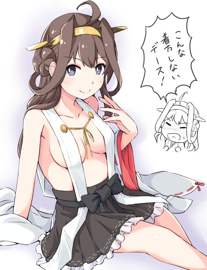 1girl ahoge black_skirt breasts brown_hair double_bun frilled_skirt frills grey_eyes hair_bun hairband headgear japanese_clothes kantai_collection kongou_(kancolle) long_hair medium_breasts nontraditional_miko okitarou_(okiyo) skirt smile speech_bubble