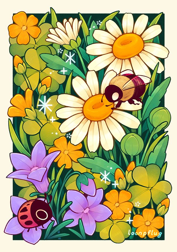 animal bee border bud bug commentary daisy english_commentary flower flower_focus flower_request insect ladybug leaf lianne_pflug nature no_humans original outdoors purple_flower sparkle white_flower yellow_border yellow_flower