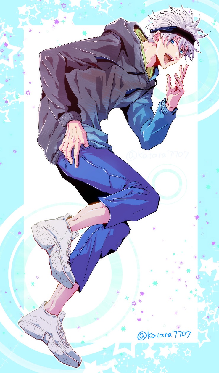 1boy :d black_hoodie blindfold blue_background blue_eyes blue_pants chabyaku_(katara7707) full_body gojou_satoru hair_between_eyes hand_up highres hood hood_down hoodie jujutsu_kaisen long_sleeves looking_away male_focus open_mouth pants shoes short_hair smile sneakers solo star_(symbol) thumb_in_pocket twitter_username two-tone_background white_background white_hair white_shoes