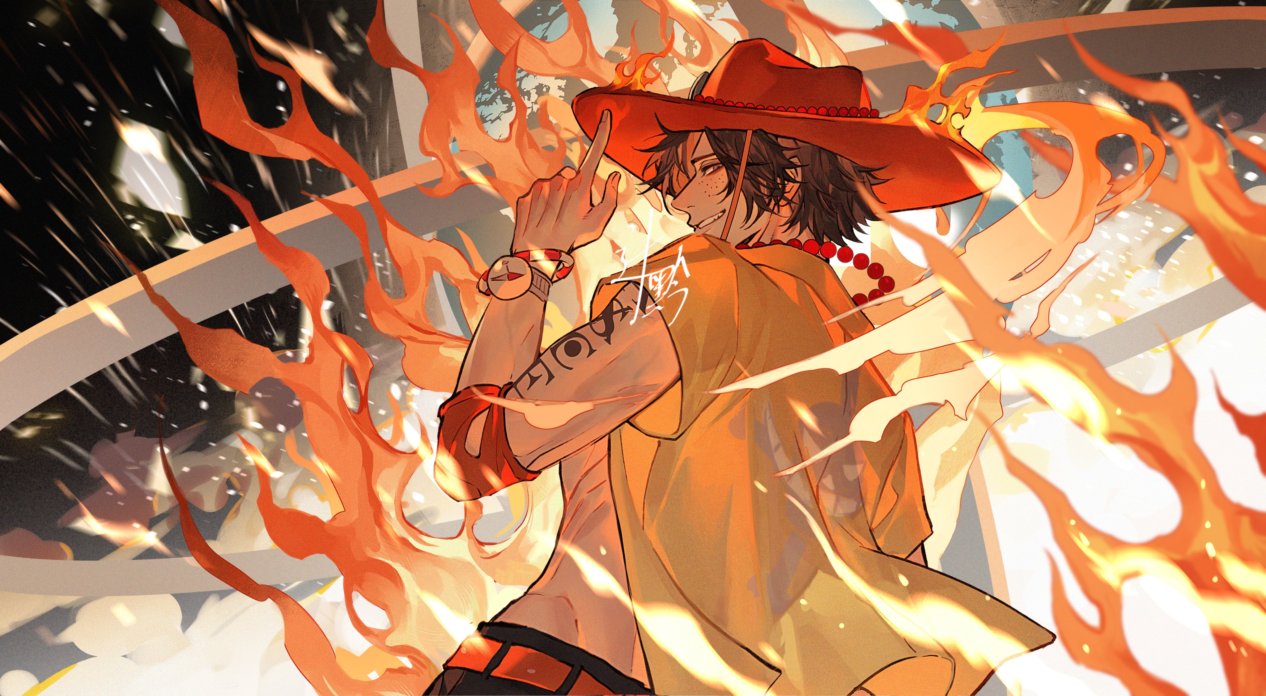 1boy absurdres arm_tattoo back black_hair bracelet commentary_request elbow_pads fire freckles hat highres jewelry jolly_roger log_pose looking_at_viewer male_focus necklace one_piece open_clothes open_shirt orange_hat pearl_necklace portgas_d._ace shirt signature single_elbow_pad smile solo sqloveraven tattoo whitebeard_pirates_jolly_roger yellow_shirt