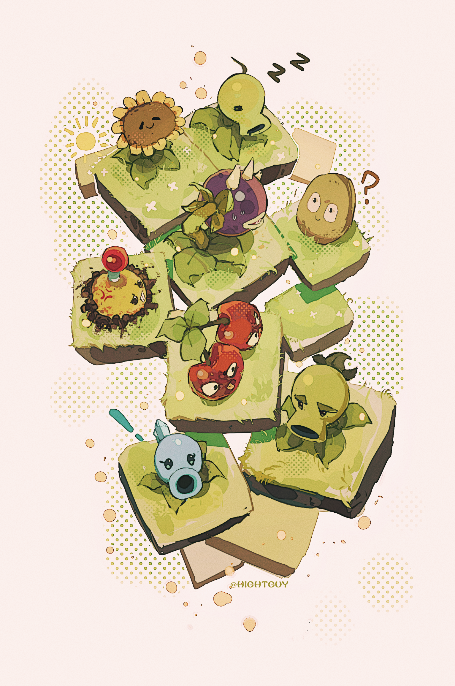 cherry_bomb_(plants_vs_zombies) chomper_(plants_vs._zombies) grass grass_block highres hightguy no_humans peashooter_(plants_vs._zombies) plant plants_vs._zombies potato_mine_(plants_vs._zombies) snow_pea_(plants_vs._zombies) sun-shroom_(plants_vs._zombies) sunflower_(plants_vs._zombies) wall-nut_(plants_vs._zombies) white_background