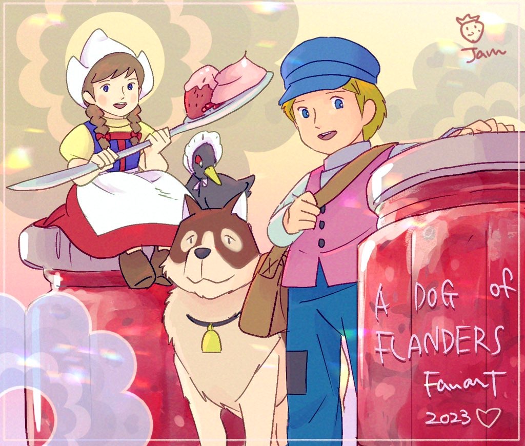 1boy 1girl :d a_dog_of_flanders aloise_cogez bell bird blue_eyes blue_hat blue_pants braid brown_hair clogs copyright_name dog duck dutch_cap dutch_clothes food fruit hat holding holding_spoon jam neck_bell nello_(a_dog_of_flanders) open_mouth oversized_object pants petrasche_(a_dog_of_flanders) pink_vest pocco1224 smile spoon strawberry twin_braids vest white_hat