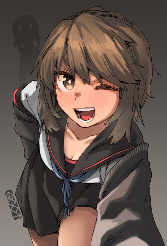 2girls ;d artist_logo artist_name black_sailor_collar black_skirt black_sweater blue_neckerchief blush breasts brown_eyes brown_hair cardigan cleavage collarbone commentary cowboy_shot ergot eyed_silhouette fubuki_(kancolle) grey_background hair_between_eyes kantai_collection leaning_forward logo long_sleeves looking_at_viewer messy_hair miyuki_(kancolle) miyuki_kai_ni_(kancolle) multiple_girls neckerchief one_eye_closed open_mouth pleated_skirt pov sailor_collar school_uniform serafuku shirt short_hair sidelocks silhouette simple_background skirt small_breasts smile solo_focus sweater teeth thighs white_shirt