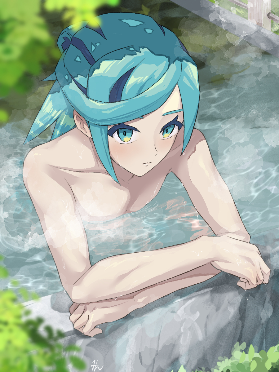 1boy aqua_eyes aqua_hair bathing blurry blurry_foreground closed_mouth collarbone commentary_request creatures_(company) day eyelashes foliage game_freak grusha_(pokemon) highres male_focus min_(myna8247) nintendo nude outdoors pokemon pokemon_sv signature solo steam water