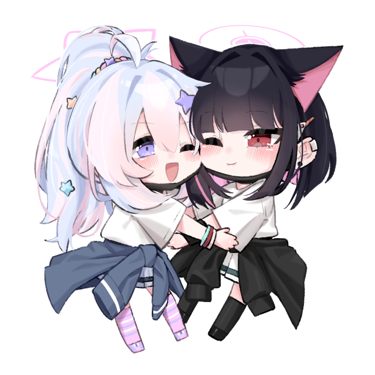 2girls ;) ;d ahoge alternate_costume alternate_hairstyle animal_ears black_hair black_socks blue_archive blue_hair blunt_bangs blush cat_ears cat_girl chibi chibi_only closed_mouth colored_inner_hair commentary_request couple earclip earrings extra_ears eye_contact full_body hair_between_eyes hair_ornament happy hug jewelry kazusa_(band)_(blue_archive) kazusa_(blue_archive) kneehighs long_hair looking_at_another multicolored_hair multiple_girls negu_(pixiv_6519140) official_alternate_costume one_eye_closed open_mouth pink_hair ponytail purple_eyes purple_hair red_eyes reisa_(blue_archive) shirt short_hair short_sleeves simple_background smile socks standing star_(symbol) star_hair_ornament streaked_hair striped_clothes striped_thighhighs stud_earrings thighhighs white_background white_shirt wide_sleeves yuri