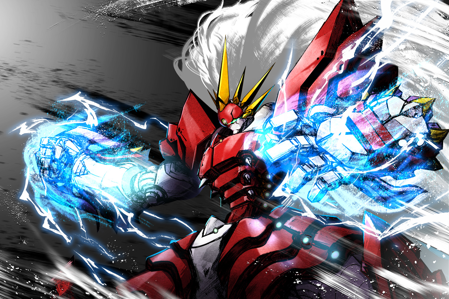 clenched_hand dtcy energy glowing glowing_eye glowing_hands grey_background ialdabaoth mecha mecha_focus no_humans robot super_robot_wars super_robot_wars_compact_3