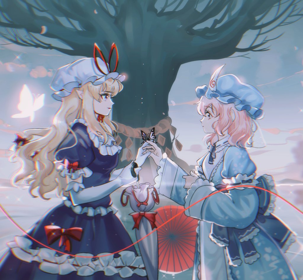 2girls back_bow belt blonde_hair blue_belt blue_bow blue_headwear blue_kimono blue_ribbon blue_sky bow branch breasts bug butterfly butterfly_wings closed_mouth commentary_request dress elbow_gloves fingernails floral_print flying frills gloves gradient_sky hair_between_eyes hair_bow hands_up hat hat_bow holding holding_umbrella insect insect_wings japanese_clothes juliet_sleeves kimono long_hair long_sleeves looking_at_another medium_breasts mob_cap multiple_girls neck_ribbon outdoors panghulao pink_eyes pink_hair pink_sky puffy_short_sleeves puffy_sleeves purple_dress purple_eyes red_bow red_ribbon ribbon saigyou_ayakashi saigyouji_yuyuko short_hair short_sleeves sidelocks sky smile sparkle standing string string_of_fate thread touhou tree triangular_headpiece umbrella veil water wavy_hair white_gloves white_headwear wide_sleeves wing_collar wings yakumo_yukari