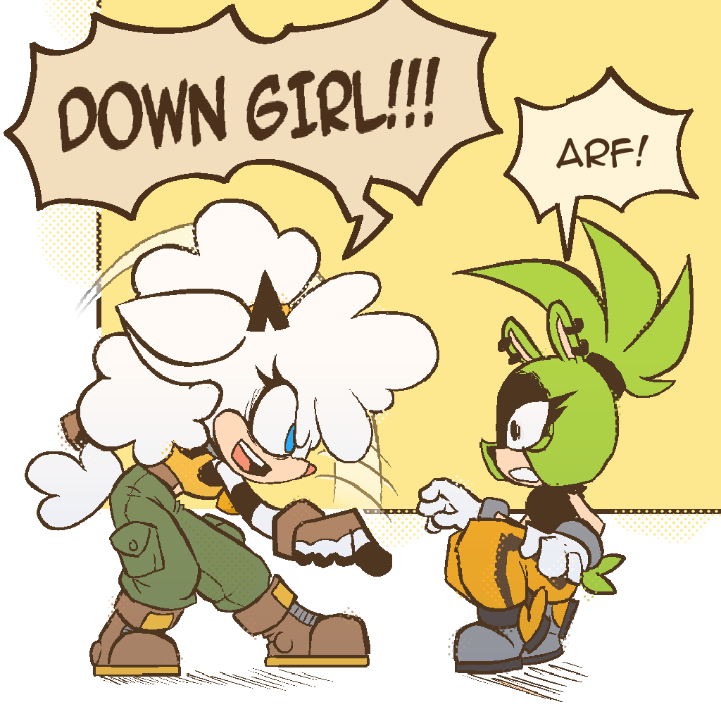 2girls boots cargo_pants down_boy!!_(meme) eyelashes full_body gloves lanolin_the_sheep meme multiple_girls pants raccoon_art4 sheep sonic_(series) surge_the_tenrec tank_top