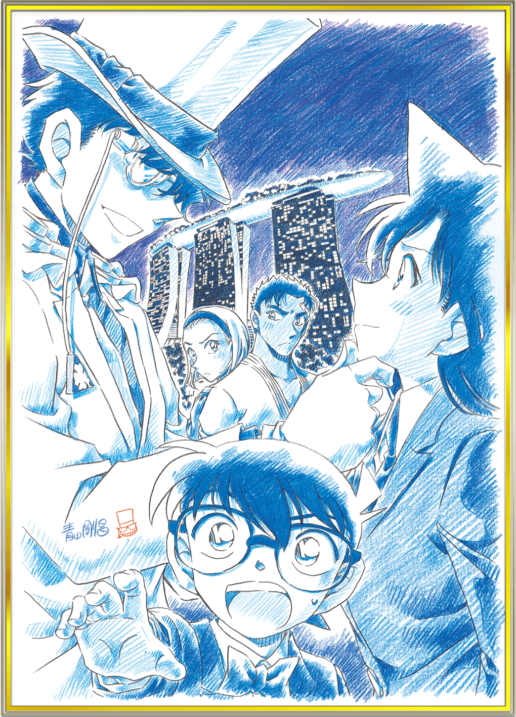 2girls 3boys aoyama_goushou artist_name black-framed_eyewear black_hair blue_eyes blue_theme blush border bow bowtie closed_mouth collared_shirt dougi edogawa_conan eye_contact glasses gloves hairband hand_on_another&#039;s_chin hat highres jacket kaitou_kid karate_gi kyougoku_makoto long_sleeves looking_at_another marina_bay_sands meitantei_conan monocle mouri_ran multiple_boys multiple_girls necktie official_art open_mouth round_eyewear school_uniform shirt short_hair signature smile standing suzuki_sonoko sweatdrop teeth teitan_high_school_uniform top_hat upper_teeth_only white_gloves white_jacket