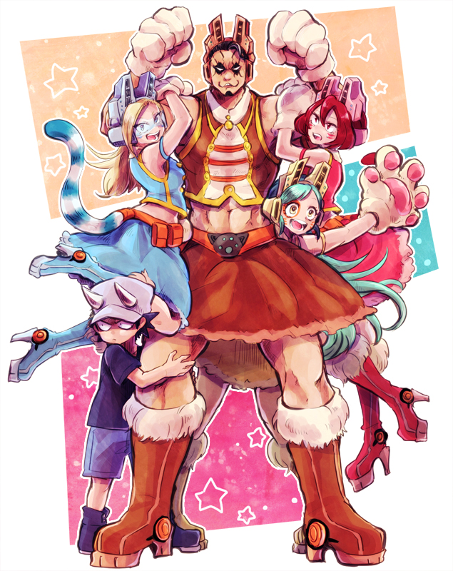10s 2boys 3girls animal_hands blonde_hair blue-tinted_eyewear boku_no_hero_academia boots child clinging facial_mark fake_horns flexing gloves green_hair headgear horned_headwear horns izumi_kota mandalay_(boku_no_hero_academia) midriff multiple_boys multiple_girls muscular navel no_pupils paw_gloves pixie-bob_(boku_no_hero_academia) ragdoll_(boku_no_hero_academia) red_hair skirt superhero_costume tiger_(boku_no_hero_academia) tinted_eyewear tomozo_(kuro420) uniform visor whisker_markings