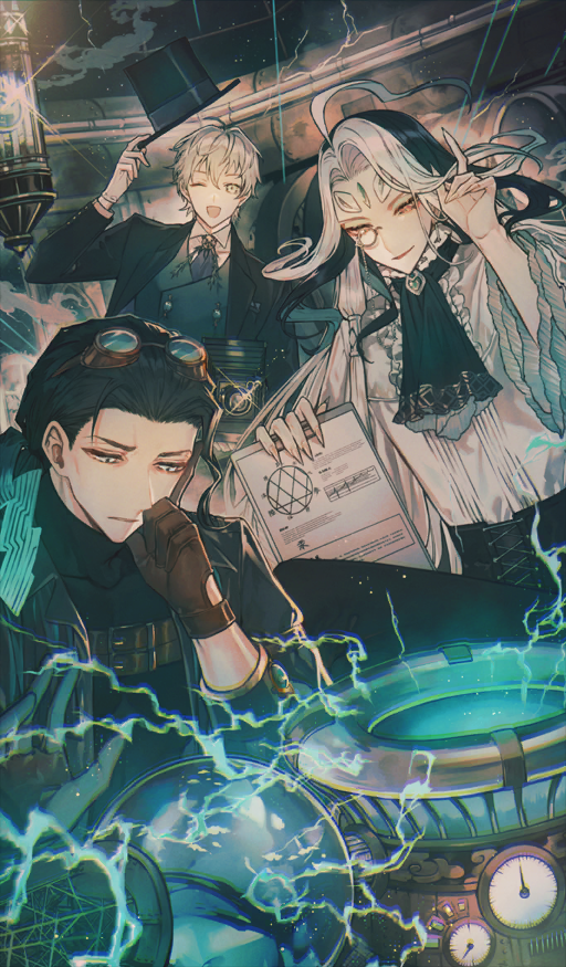 3boys adjusting_hair albino_(a1b1n0623) androgynous aqua_hair ascot bellows_camera black_ascot black_hair black_hat black_jacket black_pants black_shirt black_suit blue_eyes brown_gloves buttons camera center_frills clipboard closed_mouth commentary covered_collarbone cross-laced_clothes david_(fate) david_(infinity_dream)_(fate) diffraction_spikes double-breasted electricity fate/grand_order fate_(series) fingernails floating_hair forehead_jewel formal_clothes frills frown glint gloves goggles goggles_on_head green_eyes green_vest hand_on_own_chin hat hat_tip holding holding_clipboard holding_unworn_clothes holding_unworn_hat jacket lapels long_fingernails long_hair long_sleeves looking_at_viewer monocle monocle_chain multicolored_hair multiple_boys muted_color nikola_tesla_(fate) nikola_tesla_(infinity_dream)_(fate) notched_lapels official_art open_mouth orange_eyes pants science_fiction shi_huang_di_(fate) shi_huang_di_(infinity_dream)_(fate) shirt short_hair smile steampunk streaked_hair suit suit_jacket third-party_source top_hat turtleneck two-tone_hair unworn_hat unworn_headwear vest waistcoat white_gloves white_hair white_shirt wide_sleeves