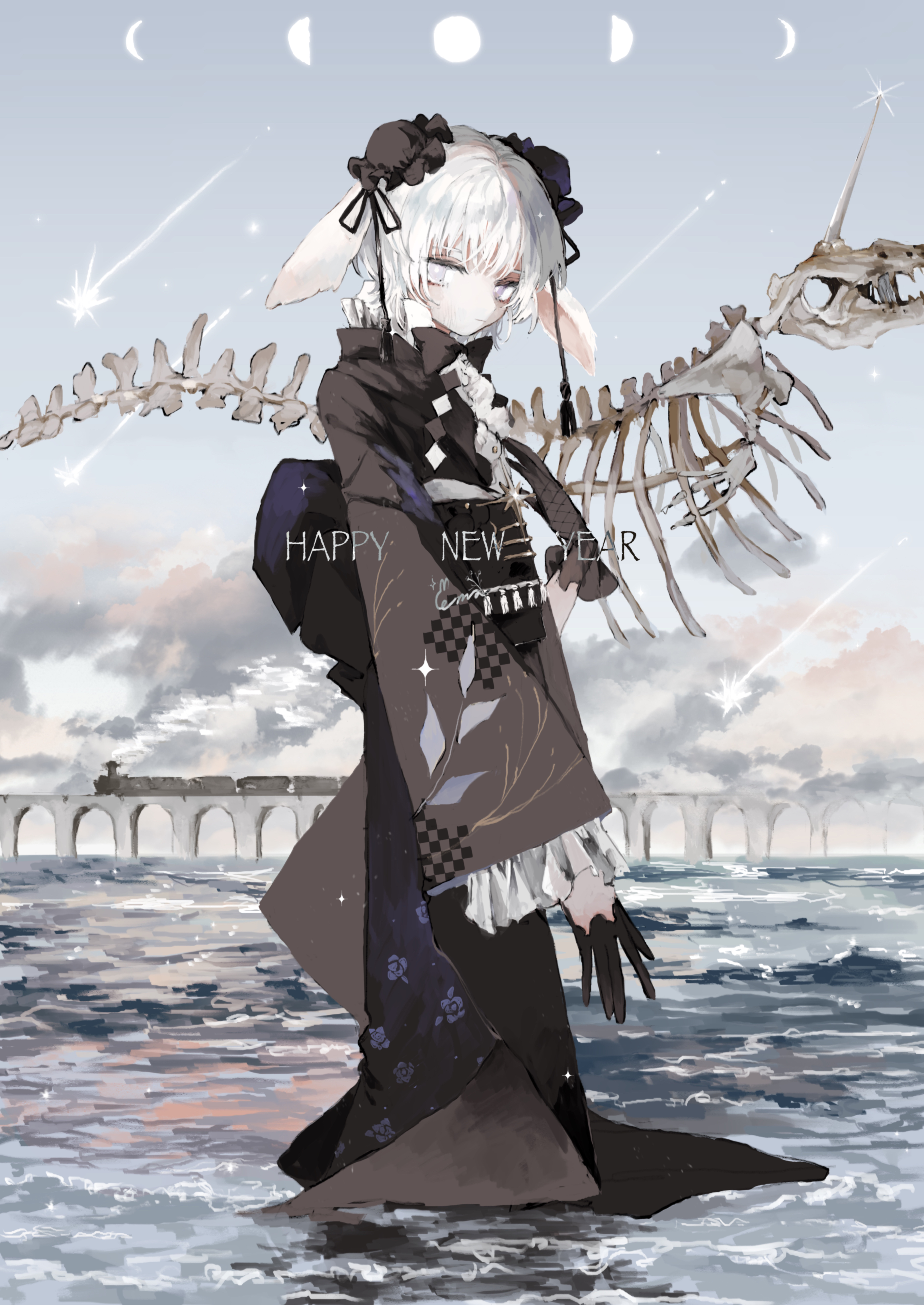 1girl absurdres animal_ears black_bow black_bowtie black_gloves black_kimono bow bowtie bridge bun_cover cloud crescent_moon ema_(613mitzvot) full_body full_moon gloves half_moon happy_new_year highres japanese_clothes kimono long_sleeves looking_at_viewer medium_hair moon new_year ocean original outdoors purple_eyes rabbit_ears rabbit_girl shooting_star skeleton sky solo standing tassel train wading water white_hair