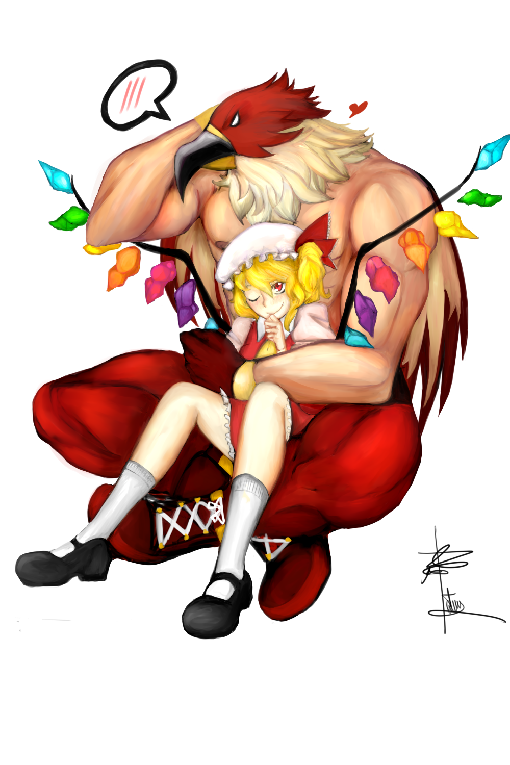1boy 1girl ankle_boots arm_around_waist ascot bare_pectorals blonde_hair blush boots bow crossover crystal demon_wings dress fatal_fury fatuus flandre_scarlet full_body tizoc_(snk) hand_on_own_chin hat hat_bow hat_ribbon heart hetero highres hug m.u.g.e.n garou:_mark_of_the_wolves mask mob_cap muscular pectorals puffy_short_sleeves puffy_sleeves red_dress red_eyes red_footwear ribbon scratching_head topless_male shoelaces short_sleeves side_ponytail signature sitting sitting_on_lap sitting_on_person skirt skirt_set smile snk spandex speech_bubble the_king_of_fighters the_king_of_fighters_2003 the_king_of_fighters_xi touhou transparent_background vampire wings wrestler wrestling_mask wrestling_outfit