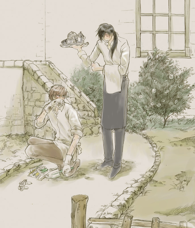 2boys apron black_footwear black_hair bow brown_hair bush chirokko closed_eyes closed_mouth collar cup dirty dirty_clothes eyebrows eyes_visible_through_hair fence flower full_body gloves grass harry_potter_(series) kneeling long_hair looking_at_another male_focus multiple_boys outdoors plant pointing ponytail remus_lupin road shirt shoes short_hair sirius_black spade stairs standing stone teacup teapot tray white_shirt window wing_collar wizarding_world wooden_fence