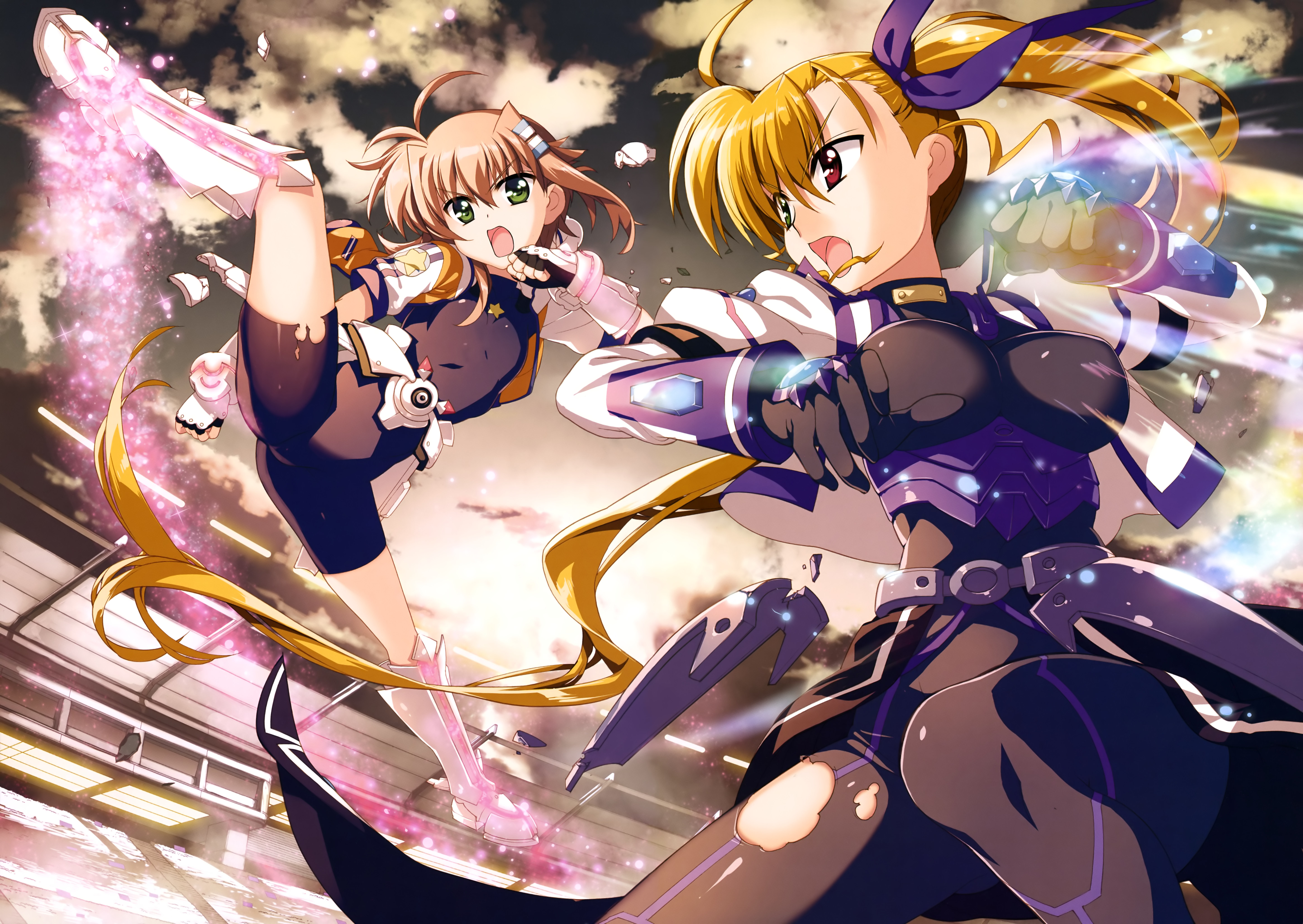 2girls absurdres ahoge armor asymmetrical_hair black_bodysuit black_cape black_gloves blonde_hair blue_ribbon bodysuit boots breasts cape cloud cloudy_sky dusk energy eyes_visible_through_hair fingerless_gloves flat_chest fujima_takuya gauntlets gloves gluteal_fold green_eyes hair_between_eyes hair_ornament hair_ribbon hairclip heterochromia highres impossible_bodysuit impossible_clothes jacket juliet_sleeves jumping knee_boots large_breasts light_brown_hair light_particles long_sleeves looking_at_another lyrical_nanoha mahou_shoujo_lyrical_nanoha_vivid miura_rinaldi multiple_girls official_art open_mouth orange_jacket print_bodysuit print_jacket puffy_sleeves red_eyes ribbon scan side_ponytail skindentation sky squatting stadium star_(symbol) star_print star_saber_(nanoha) tongue torn_bodysuit torn_clothes vivio waist_cape white_footwear white_jacket white_sleeves
