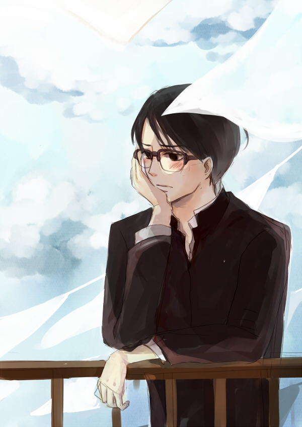1boy against_railing bed_sheet black_eyes black_hair blush closed_mouth gakuran glasses hand_on_own_face kalalaka male_focus nishimi_kaoru outdoors pensive railing sakamichi_no_apollon school_uniform short_hair solo upper_body