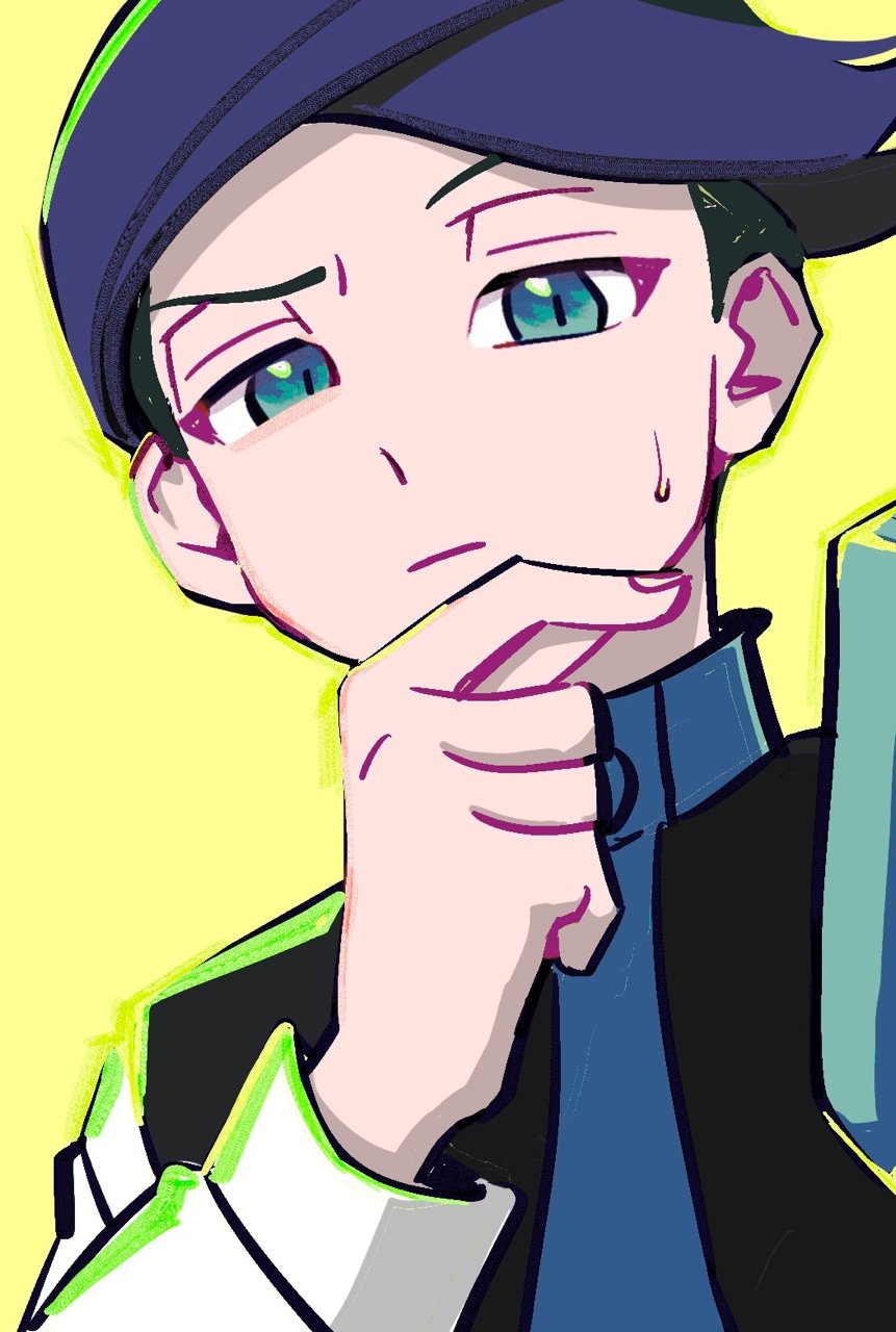 1boy black_hair closed_mouth commentary_request green_eyes green_hair half-closed_eyes hand_up highres ivib korean_commentary long_sleeves looking_at_viewer male_focus multicolored_hair necktie nintendo pokemon pokemon_dppt pokemon_platinum shirt solo sweatdrop thorton_(pokemon) two-tone_hair yellow_background