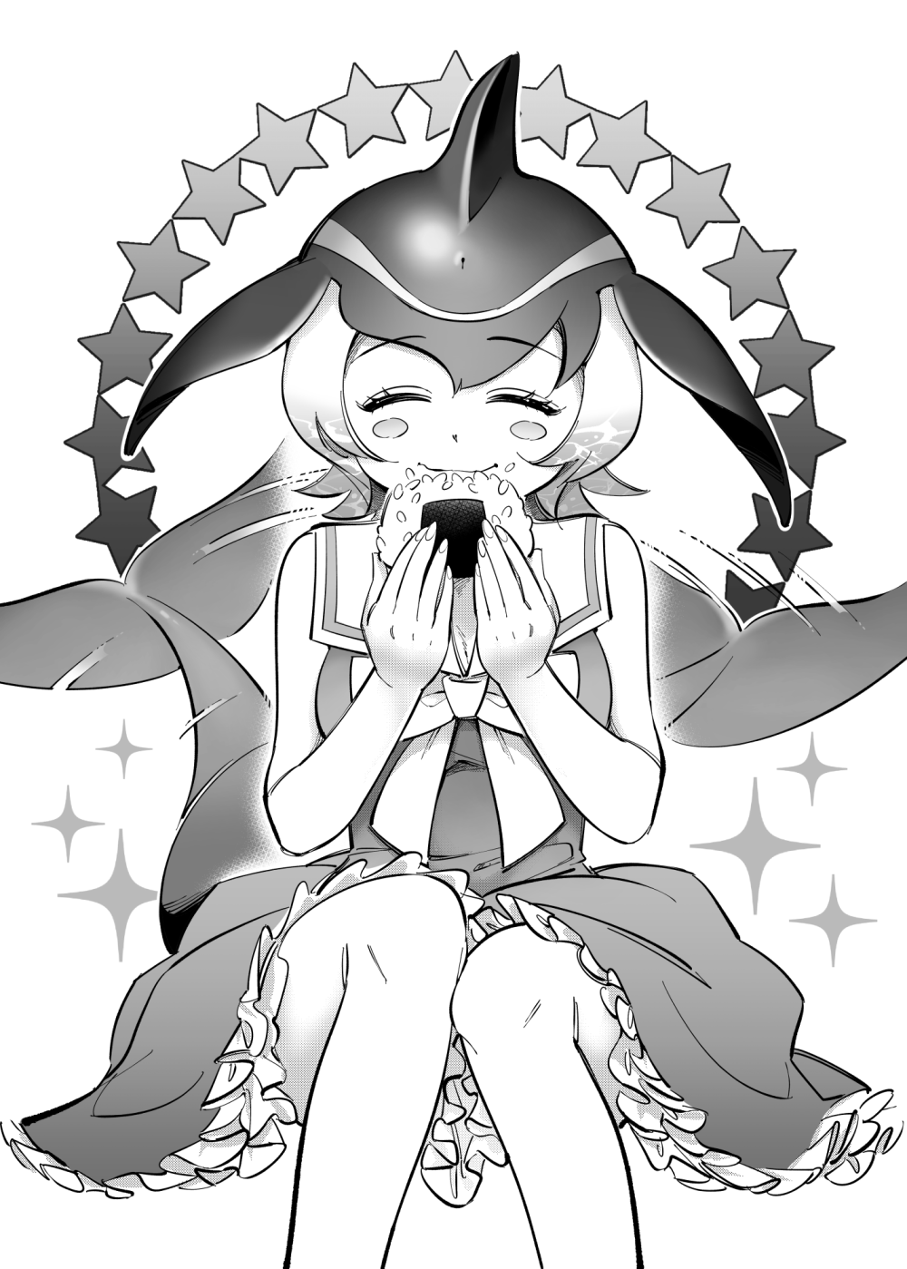 1girl blowhole cetacean_tail closed_eyes common_dolphin_(kemono_friends) dolphin_girl dorsal_fin dress eating fins fish_tail food food_on_face frilled_dress frills highres holding holding_food kemono_friends kemono_friends_3 neckerchief onigiri rice rice_on_face sailor_collar school_uniform serafuku smile solo tail fish_tail tail_wagging yokuko_zaza