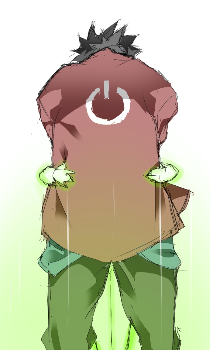1boy black_hair black_pants dimension_w from_behind glowing gradient_background green_background hug jacket mabuchi_kyoma male_focus ohako pants power_symbol power_symbol_print red_jacket white_background