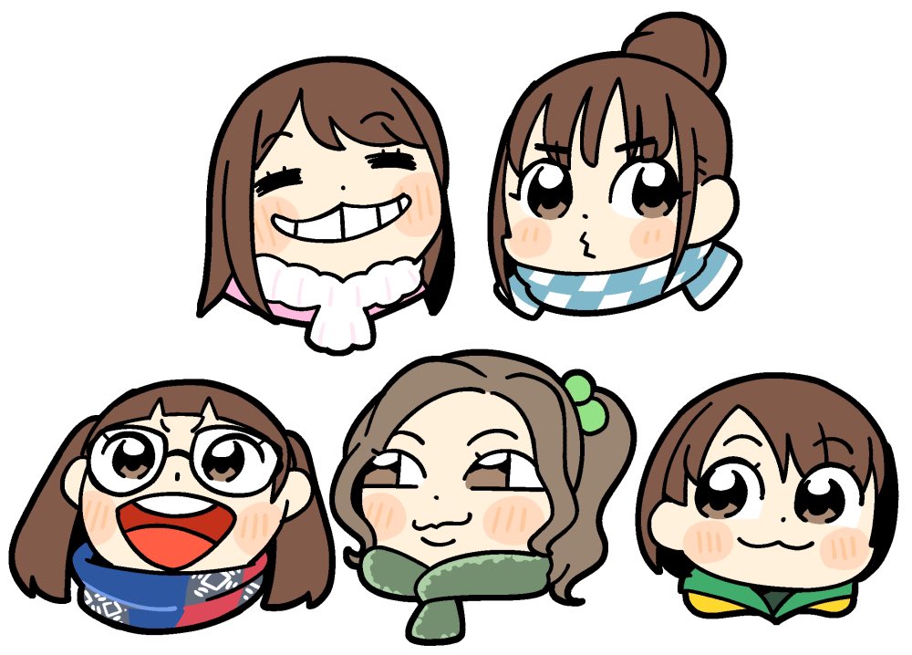 5girls :3 :d bkub blush_stickers brown_eyes brown_hair checkered_clothes checkered_scarf choppy_bangs closed_mouth commentary_request dot_nose glasses green_scarf grin hair_bobbles hair_bun hair_ornament inuyama_aoi kagamihara_nadeshiko multiple_girls o3o oogaki_chiaki open_mouth round_teeth saitou_ena scarf shima_rin short_hair side_ponytail simple_background single_hair_bun smile teeth twintails upper_teeth_only v-shaped_eyebrows white_background white_scarf yurucamp yurucamp_(live_action)