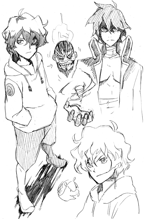 00s 2boys age_difference armadillo bandages reference_sheet garlock_simon greyscale guame hood hoodie lordgenome male_focus monochrome mosako multiple_boys aged_up ringed_eyes sarashi simon_(ttgl) sketch @_@ spiral_power tengen_toppa_gurren_lagann upper_body white_background aged_down