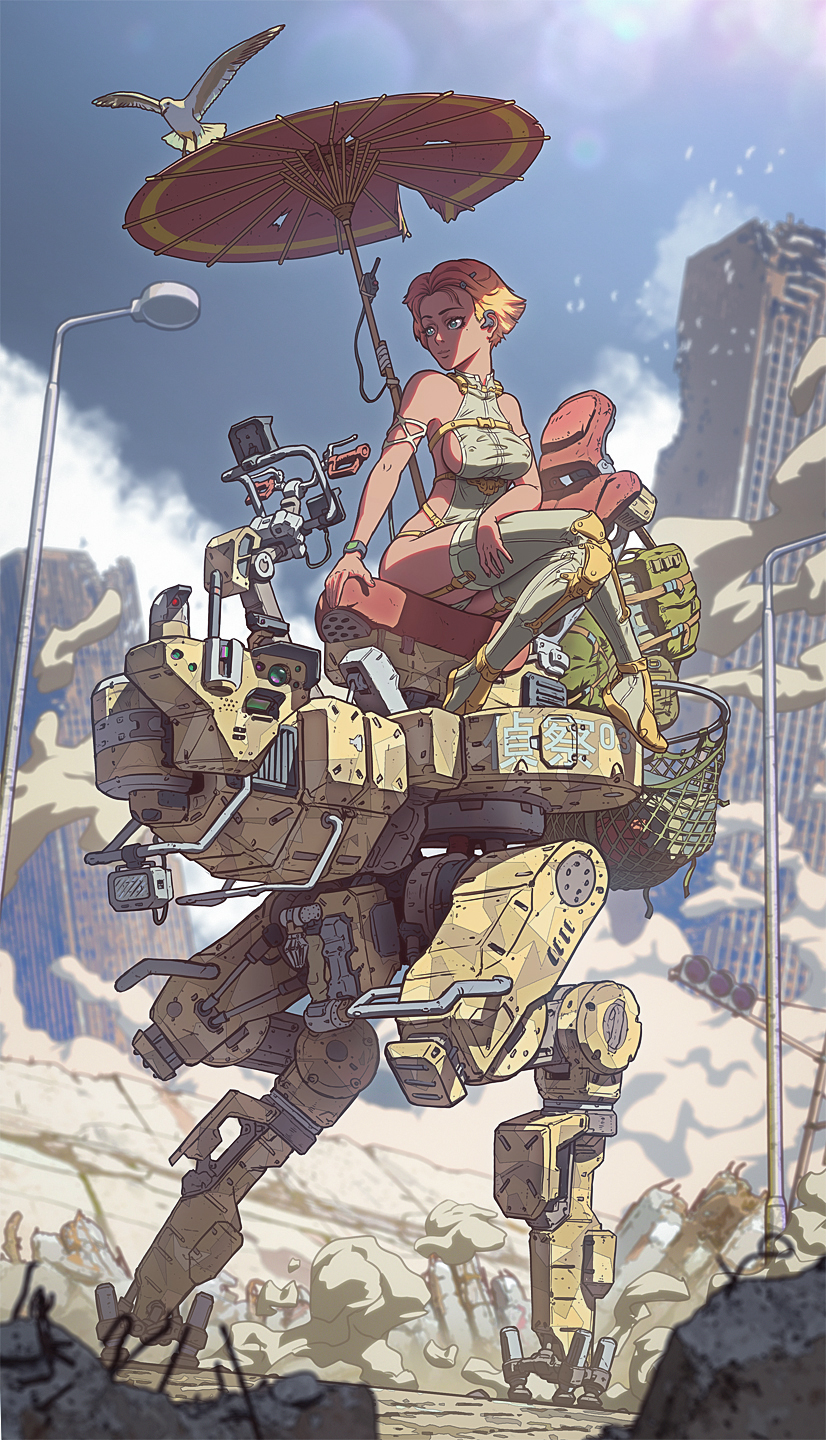 1girl aqua_eyes armlet bare_shoulders belt bird blonde_hair blue_sky boots breasts building cargo_net chair chest_belt closed_mouth cloud commentary crossed_legs debris dust_cloud earpiece flock frostyrecon grey_leotard grey_thighhighs hair_ornament hairclip hand_on_chair hand_on_own_thigh highres jewelry knee_pads lamppost leotard looking_to_the_side mecha mechanical_legs original pilot_chair robot ruins scenery seagull short_hair sideboob sideless_leotard sitting_on_mecha sitting_sideways sky skyscraper solo thighhighs umbrella watch wristwatch yellow_belt yellow_boots