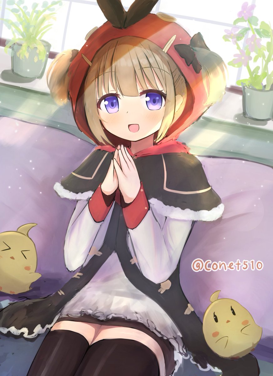 1girl azur_lane black_bow black_ribbon black_thighhighs blush bow capelet conet510 flat_chest hair_between_eyes hair_bow hair_through_headwear highres hood hood_up light_brown_hair long_sleeves looking_at_viewer manjuu_(azur_lane) norfolk_(azur_lane) own_hands_clasped own_hands_together purple_eyes ribbon skirt smile solo thighhighs thighs twintails