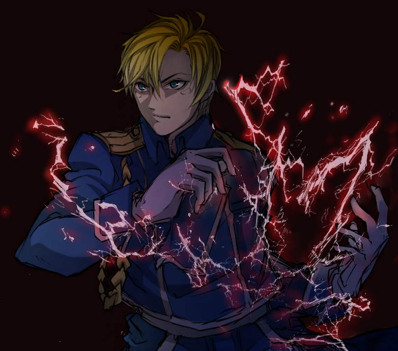 1boy bad_id bad_pixiv_id blonde_hair blue_eyes caesar_anthonio_zeppeli cosplay dorasan007 electricity epaulettes facial_mark fullmetal_alchemist gloves jojo_no_kimyou_na_bouken male_focus military military_uniform roy_mustang roy_mustang_(cosplay) solo