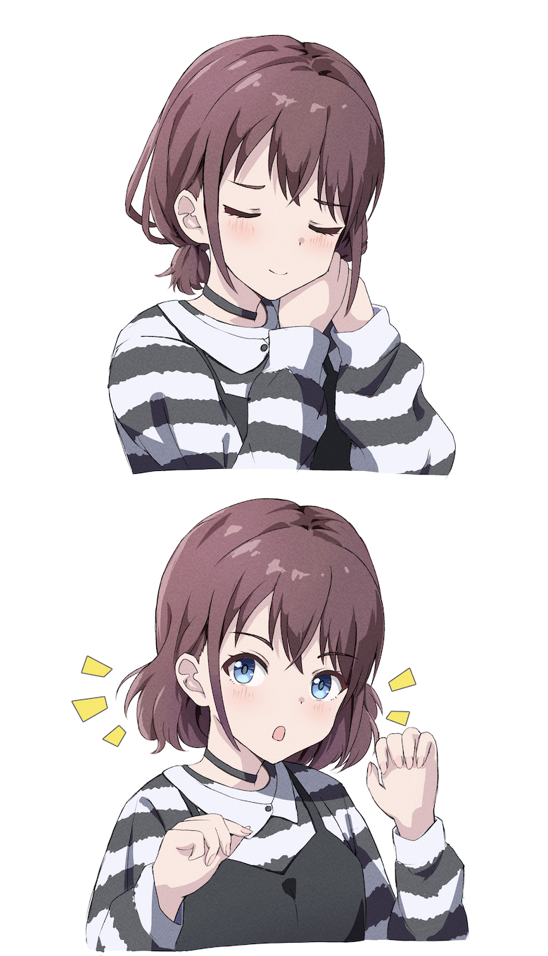 1girl black_choker black_dress black_shirt blue_eyes blush brown_hair choker closed_eyes closed_mouth commentary cropped_torso dress girls_band_cry hair_down highres iseri_nina long_sleeves looking_at_viewer open_mouth pinafore_dress shirt simple_background sleeveless sleeveless_dress striped_clothes striped_shirt triangle_(zztg3775) untying_hair upper_body white_background white_shirt